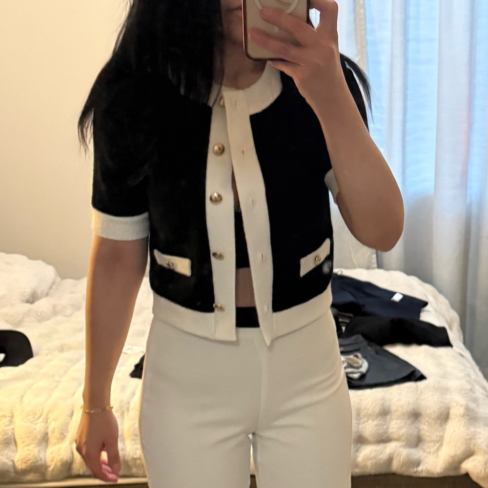Zara Black & White Cropped Knit Cardigan with White Trousers